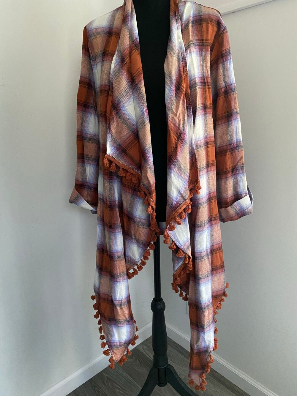 Savanna Jane NWT Plaid Tassel Long Sleeve Open Cardigan Size M Boho Western